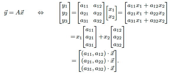 Matrix-vector product The matrix-vector product is an important special case of the matrixmatrix product. The product of a 3  2 matrix A and the 2  1 column vector ~x results in a 3  1 vector ~y given by